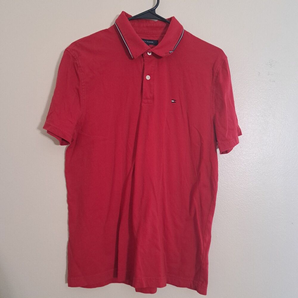 Tommy Hilfiger Mens red Short Sleeve Solid Collared Polo Shirt Size L/G